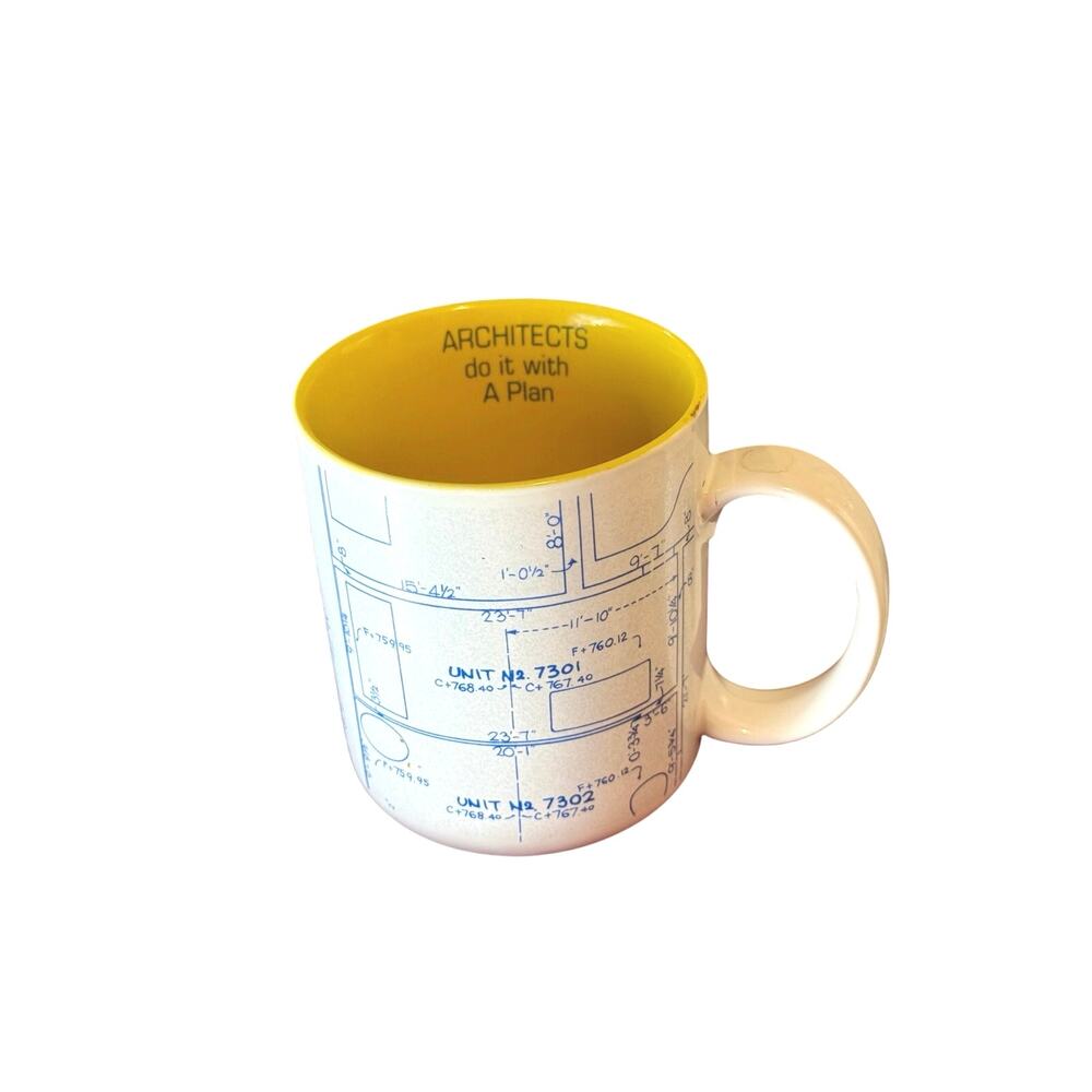 VTG Enesco Architects Do It w/ A Plan Coffee Mug 1985 Blueprints Yellow